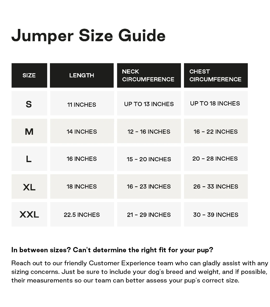 Christian Cowan Dog Sweater Jumper Size Guide