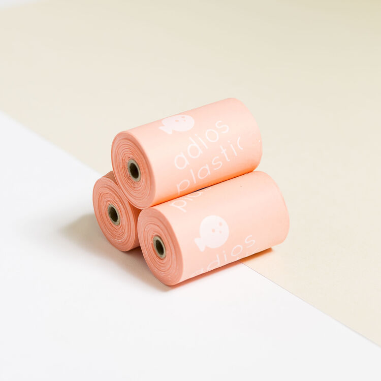 Three rolls of pink zero waste, dog poo bags